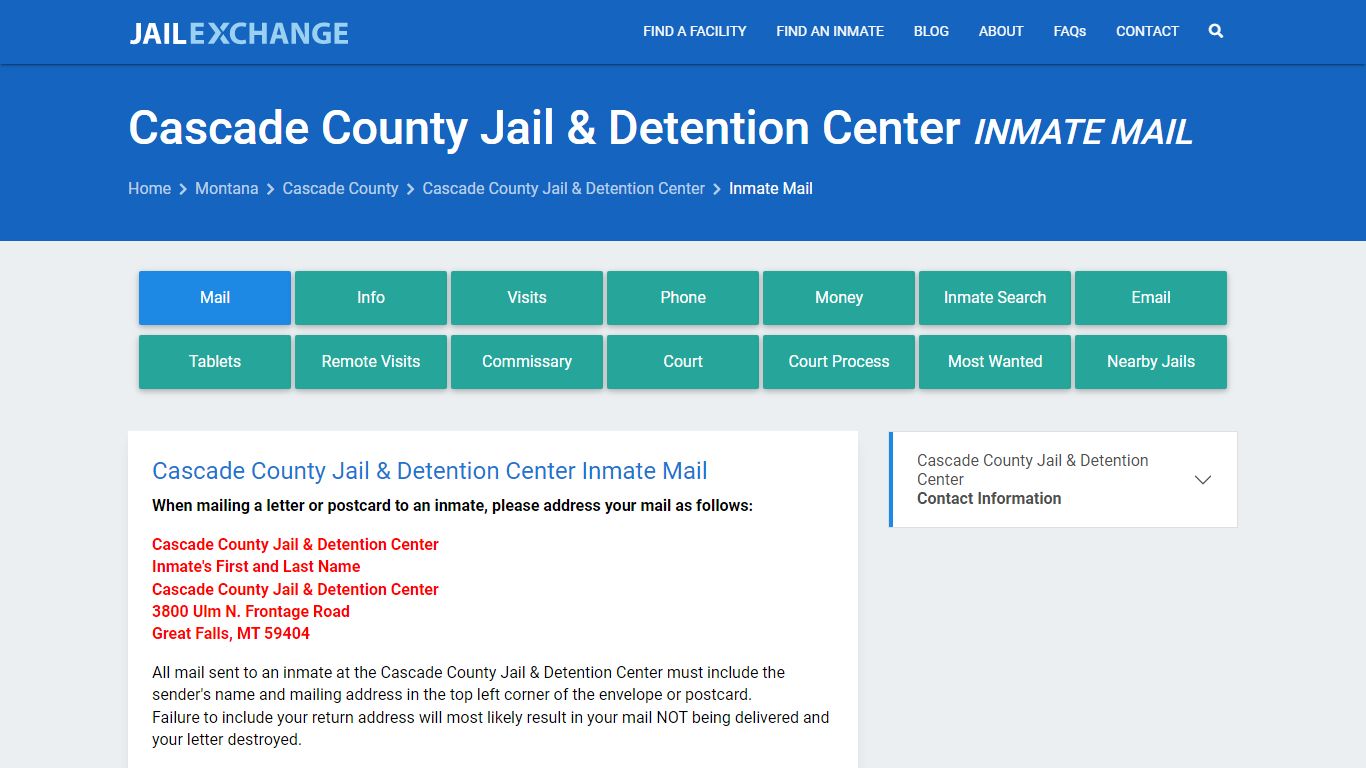 Inmate Mail - Cascade County Jail & Detention Center, MT